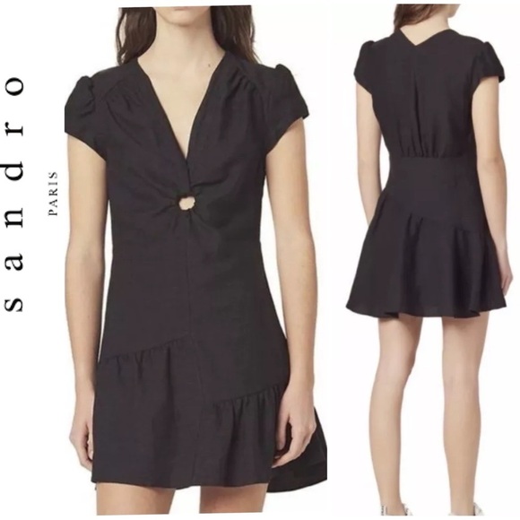 Sandro Paris Ronald CutOut Gathered Twill Linen Blend Mini Dress In Black, 38/M - Picture 1 of 15